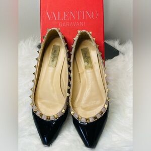 Valentino Garavani Black Patent Leather Flats with Gold Rockstud Trim